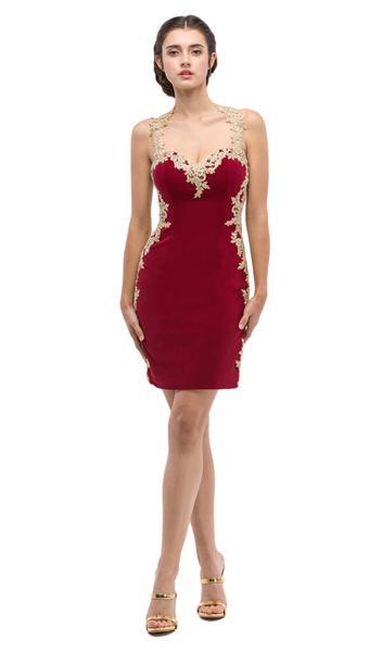 Eureka Fashion - Appliqued Illusion Side Paneled Short Dress 6016 - 1 pc Burgundy/Gold In Size S Available CCSALE S / Burgundy/Gold