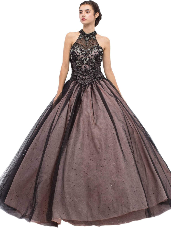 Eureka Fashion - Beaded Illusion High Halter Evening Gown Special Occasion Dress XS / Black/Blush