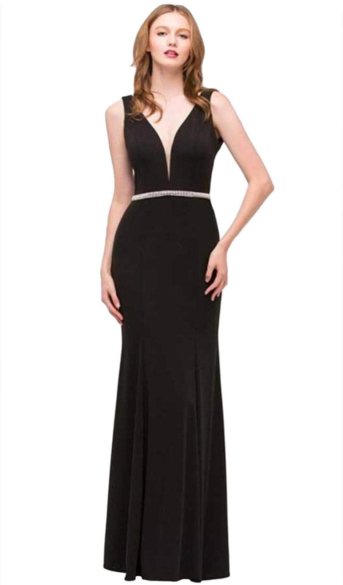 Eureka Fashion - Beaded Plunging V-neck Jersey Evening Dress Special Occasion Dress XS / Black