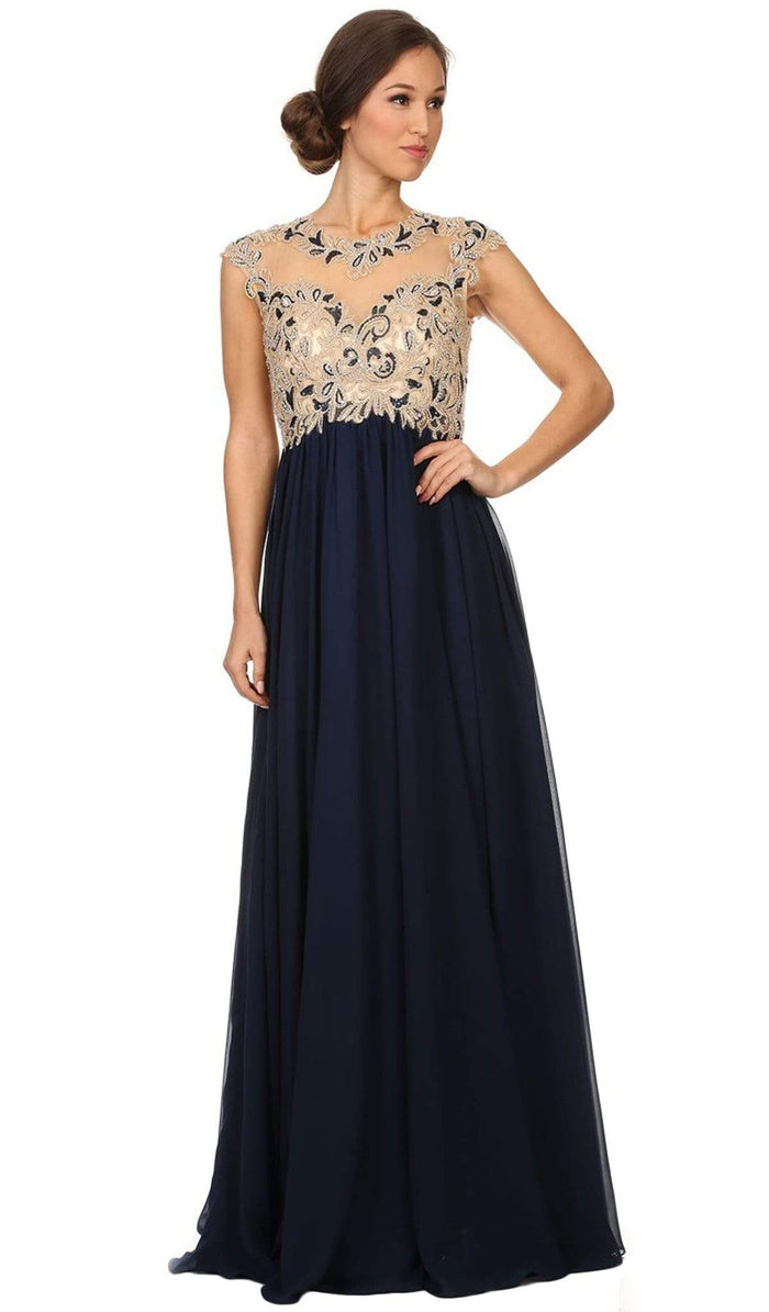 Eureka Fashion - Cap Sleeve Illusion Beaded Lace A-Line Evening Gown Special Occasion Dress XS / Navy