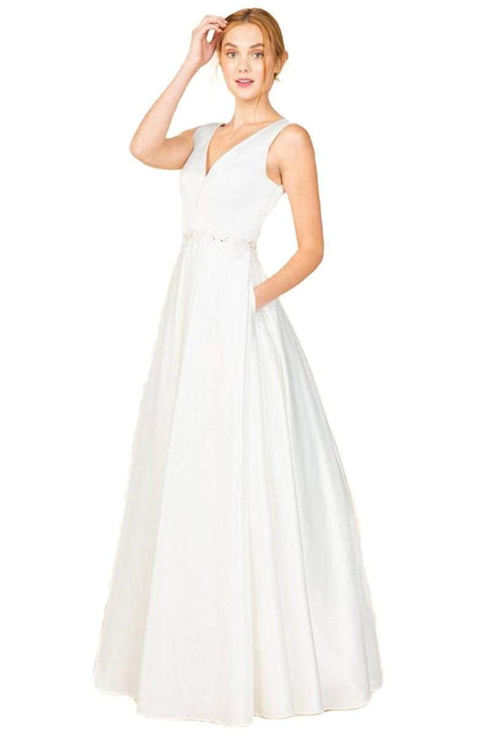 Eureka Fashion - Deep V-neck Embellished A-line Dress Wedding Dresses XS / Off White