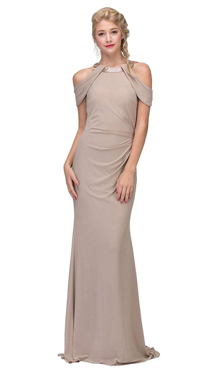 Eureka Fashion - Embellished Jewel Neck Satin Sheath Evening Dress Special Occasion Dress XS / Beige