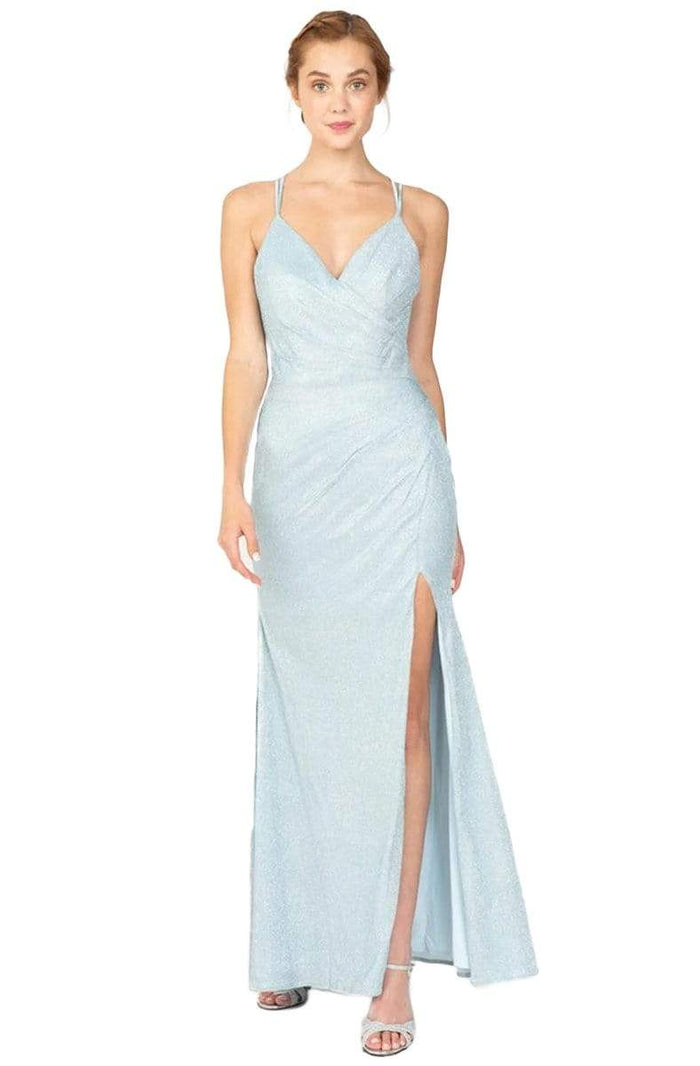Eureka Fashion - Glitter Jersey V-neck Sheath Dress Bridesmaid Dresses XS / Ice Blue