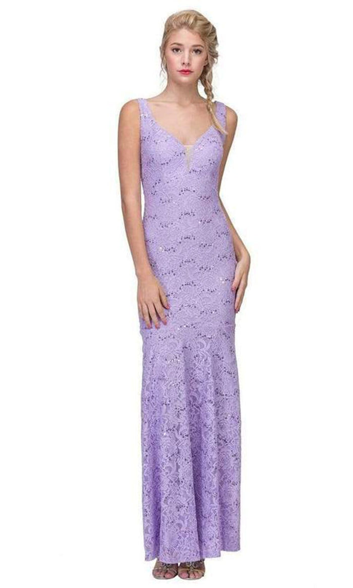 Eureka Fashion - Lace Deep V-neck Trumpet Dress 5010 - 1 pc Lilac In Size L Available CCSALE L / Lilac