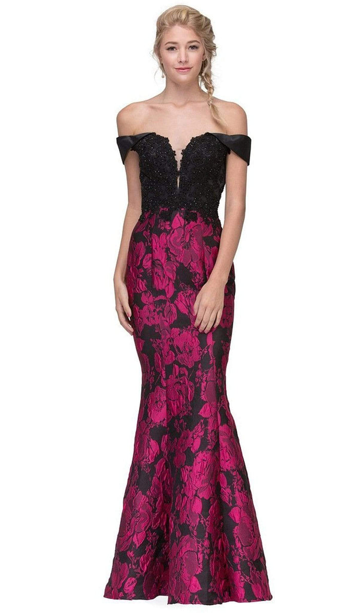 Eureka Fashion - Lace Off-Shoulder Floral Print Mermaid Dress Special Occasion Dress XS / Black/Fuschia Flw
