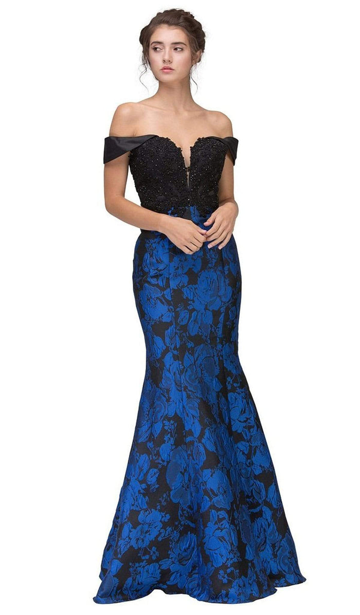 Eureka Fashion - Lace Off-Shoulder Floral Print Mermaid Dress Special Occasion Dress XS / Black/Royal Flw