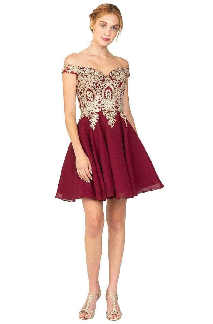 Eureka Fashion - Off Shoulder A-Line Cocktail Dress 8733 - 1 pc Burgundy/Gold In Size XS Available CCSALE XS / Burgundy/Gold