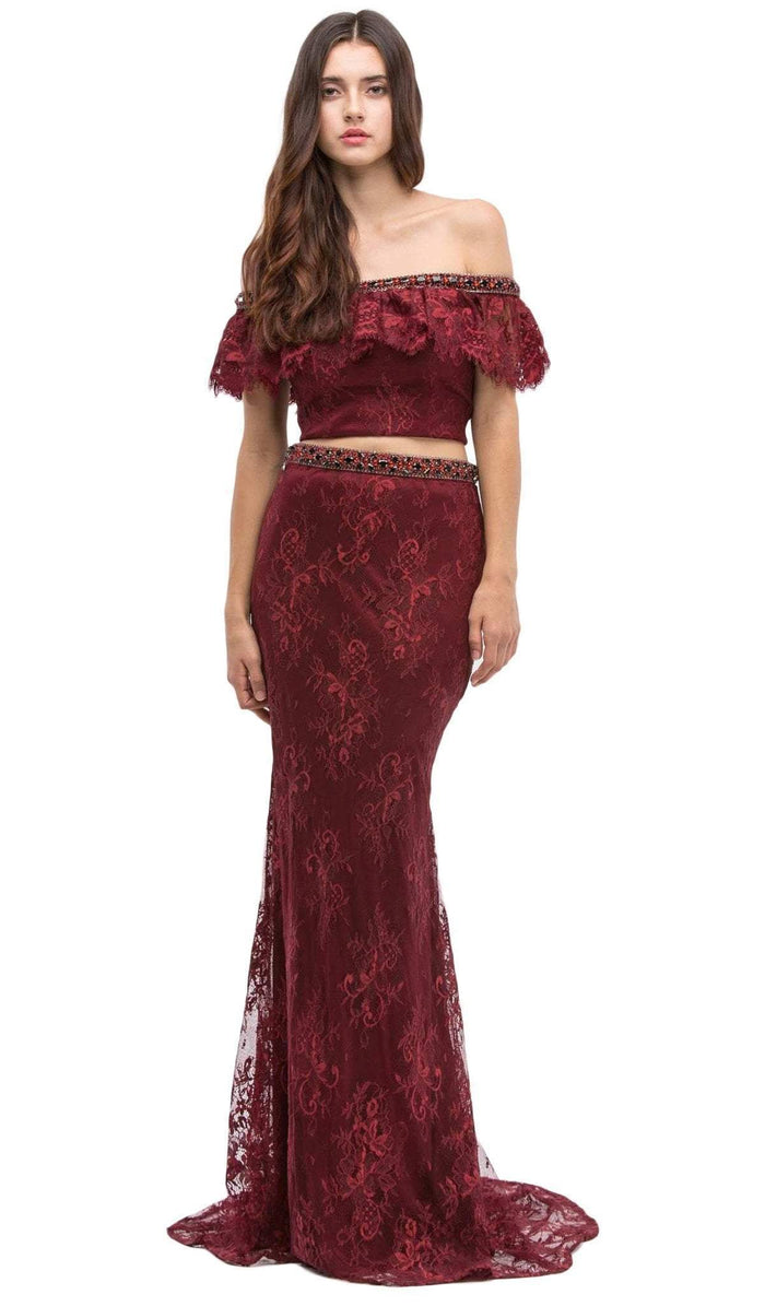 Eureka Fashion - Off-Shoulder Two-Piece Lace Mermaid Evening Gown Evening Dresses XS / Burgundy/Black Bead