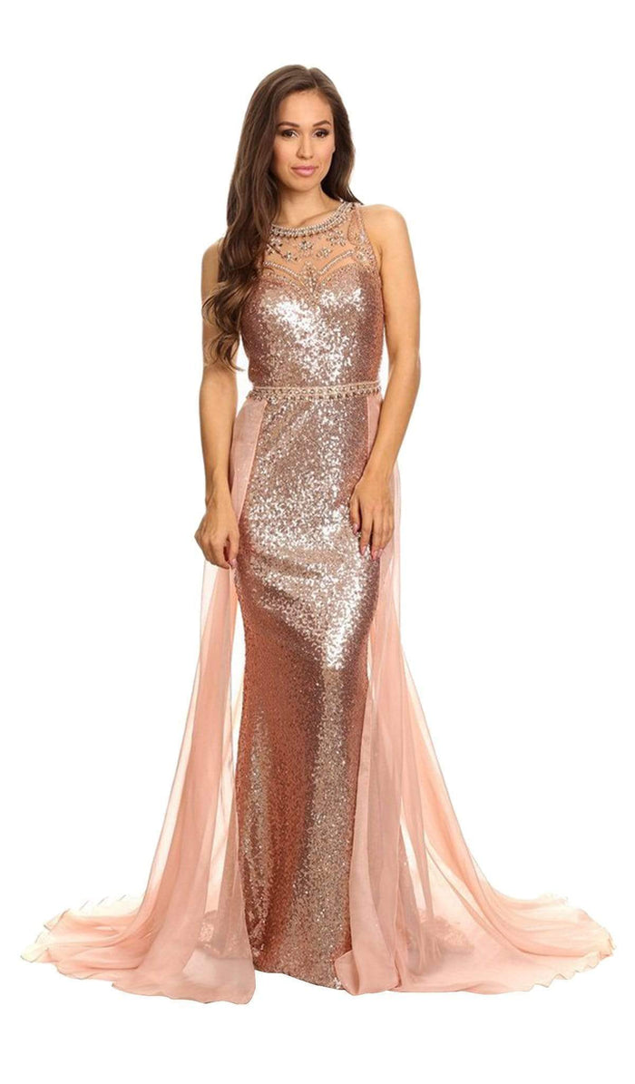 Eureka Fashion - Sequined Illusion Halter Evening Dress With Sheer Overlay Special Occasion Dress XS / Rose Gold