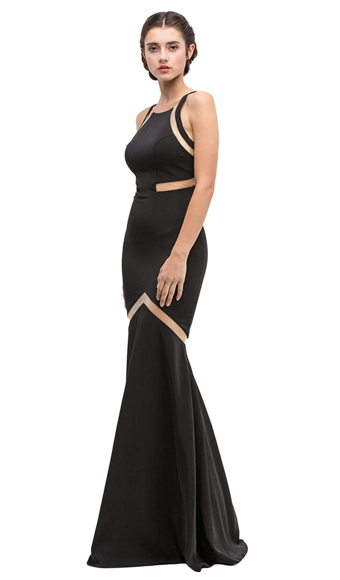 Eureka Fashion - Sheer Panels Halter Satin Trumpet Dress Special Occasion Dress XS / Black
