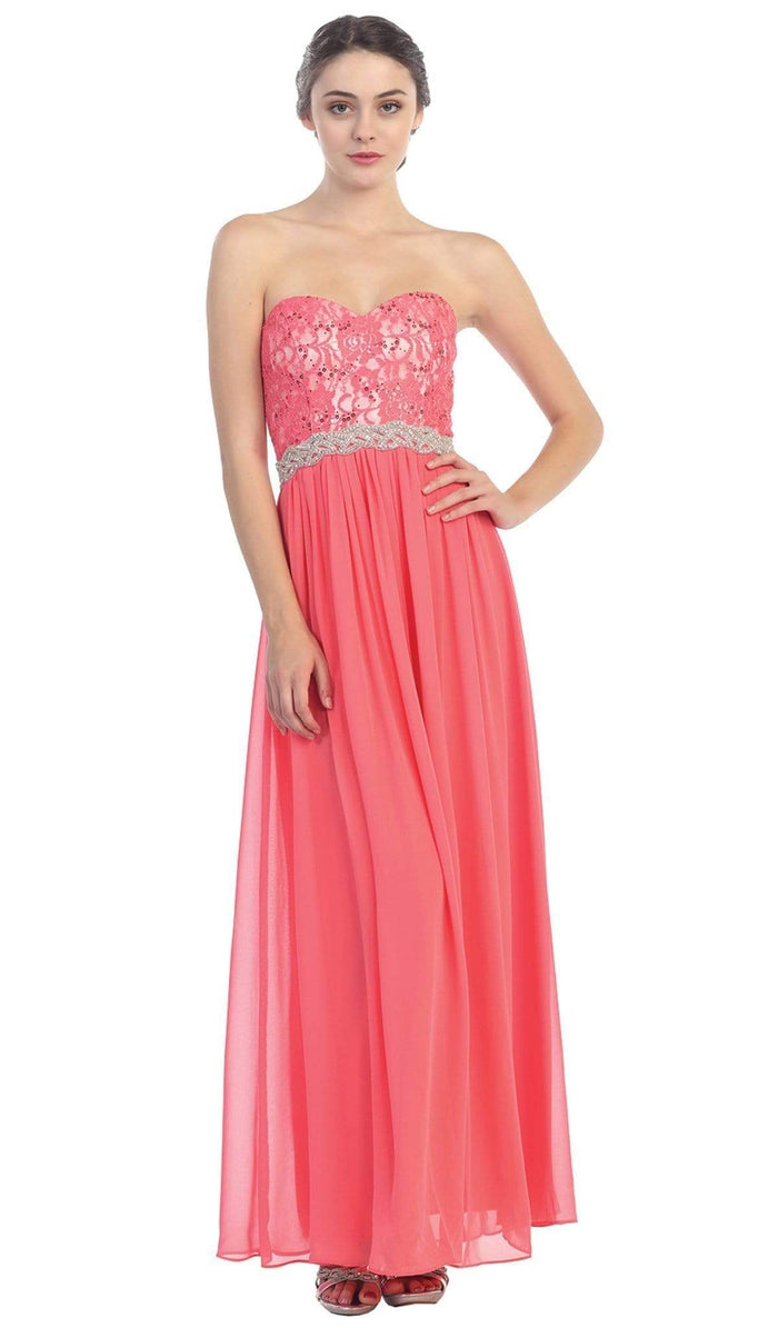 Eureka Fashion - Strapless Sequined Lace Bodice A-Line Gown Special Occasion Dress XS / Coral