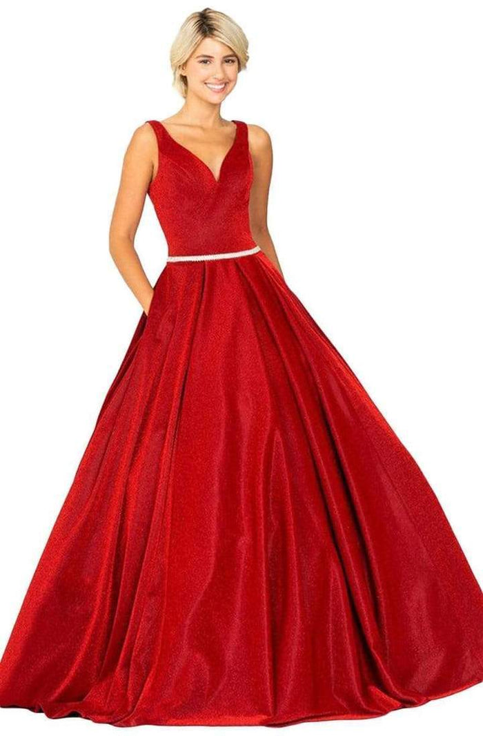 Eureka Fashion - V-Neck Glitter Jersey Ballgown 9070 - 1 pc Red In Size L Available CCSALE L / Red