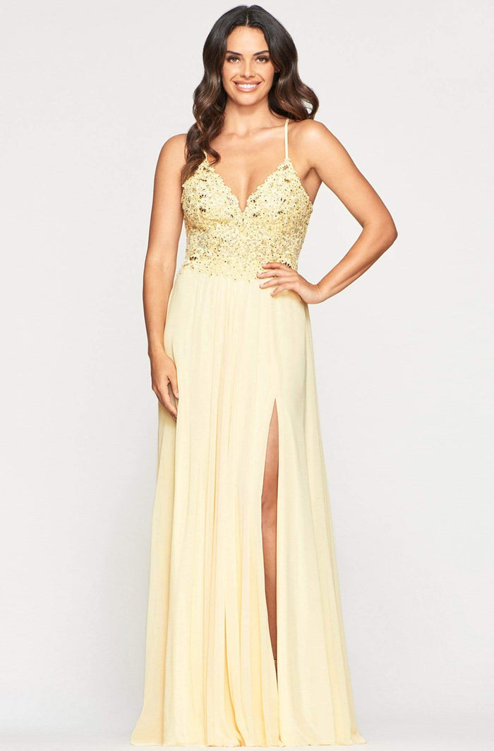 Faviana - 10005 Lacy V-neck Chiffon Evening Gown Special Occasion Dress 0 / Buttercream