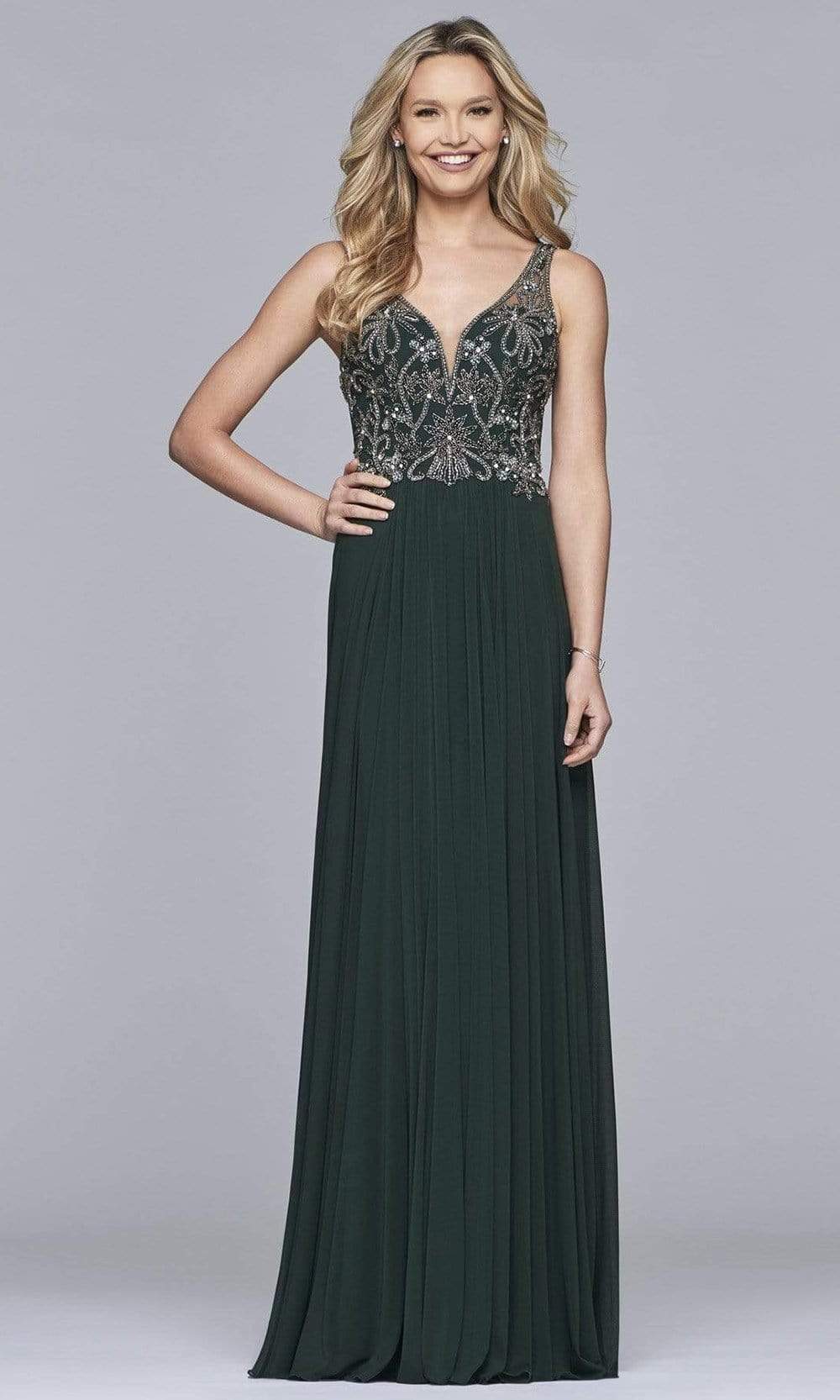 Faviana Long Formal Mesh Dress 10017 - Evergreen / 2 Faviana Long Formal Mesh Dress 10017 - Evergreen / 2