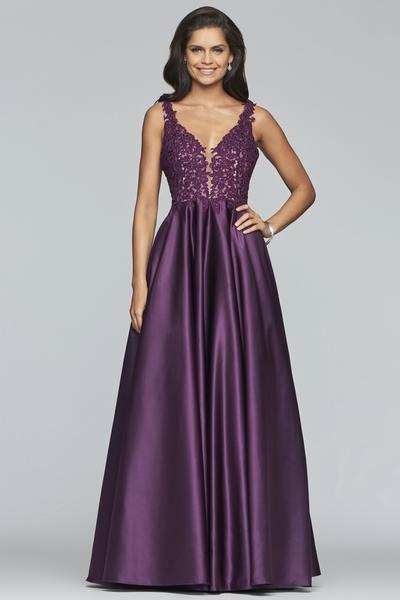 Faviana - 10251 Embellished V-neck Satin Ballgown Ball Gowns 00 / Plum
