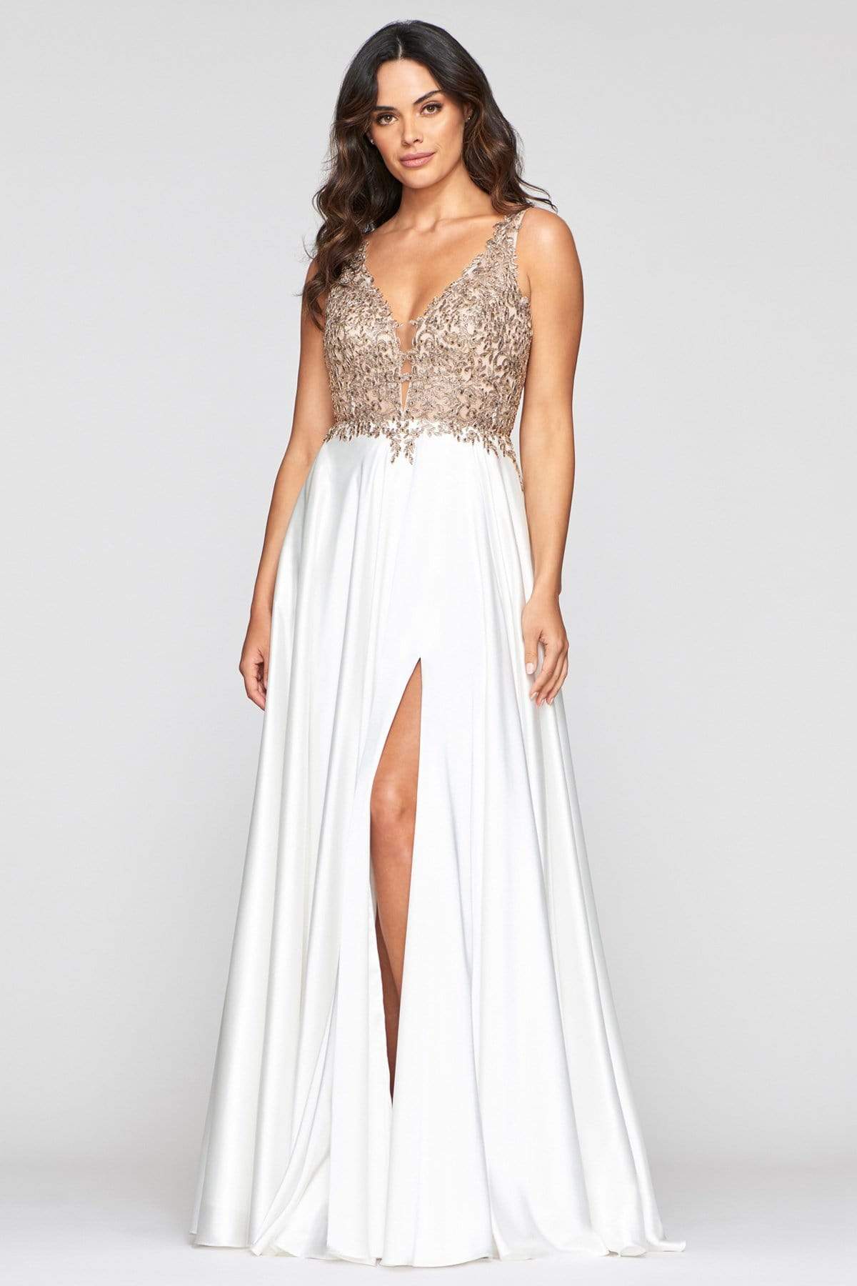 Faviana - 10407 Sleeveless Lace Bodice Flowy Satin Gown Couture Candy Faviana - 10407 Sleeveless Lace Bodice Flowy Satin Gown Couture Candy