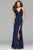 Faviana - 7755 Sleeveless V Neck High Slit Faille Satin Dress Evening Dresses 00 / Navy
