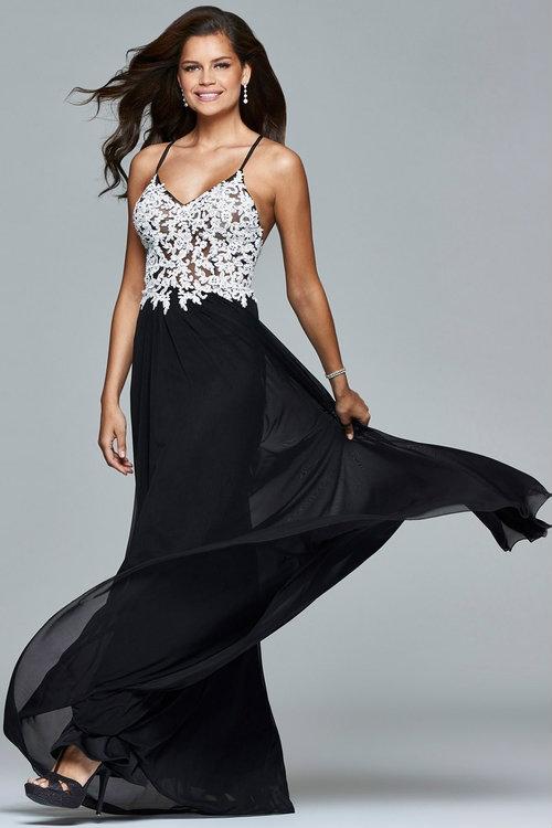 Faviana - 7934 Lace V-Neck A-Line Dress - 1 Pc. Black/Ivory in size 00 Available CCSALE 00 / Black/Ivory