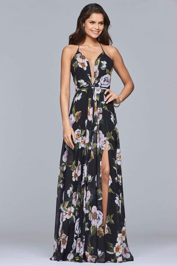 Faviana - 7946 Chiffon v-neck dress with full skirt and lace-up back Prom Dresses 0 / Black