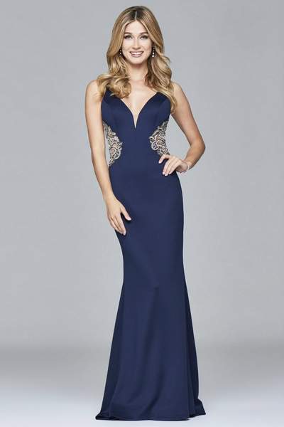 Faviana - Beaded Fitted Neoprene Gown s7916 - 1 Pc Navy in size 0 Available CCSALE 0 / Navy
