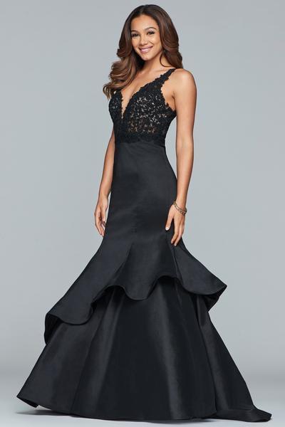 Faviana - Beaded V-neck Jersey Tiered Mermaid Dress S10242 CCSALE 4 / Black