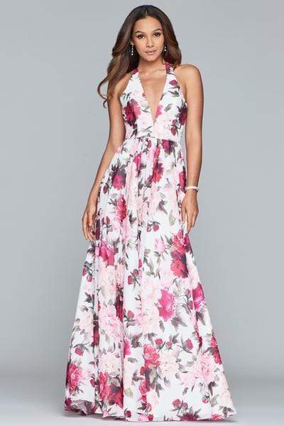 Faviana - Floral Halter A-Line Evening Gown S10278 - 1 pc Ivory/Wine In Size 8 Available CCSALE 8 / Ivory/Wine