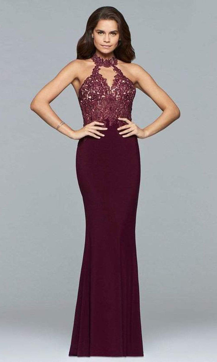 Faviana - Lace Sleeveless Cutout Long Gown 7750 - 1 pc Bordeaux In Size 4 Available CCSALE 4 / Bordeaux