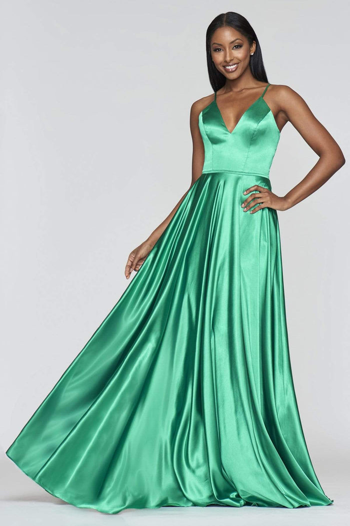 Faviana - Lace Up Back Satin High Slit Dress S10209 - 1 pc Emerald In Size 4 Available CCSALE 4 / Emerald