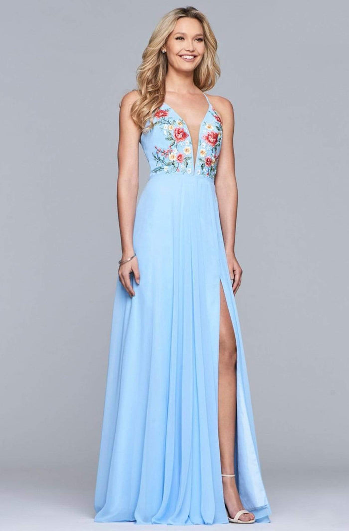 Faviana - Plunging Floral Embroidered Chiffon Gown 10000 CCSALE 0 / Cloud Blue
