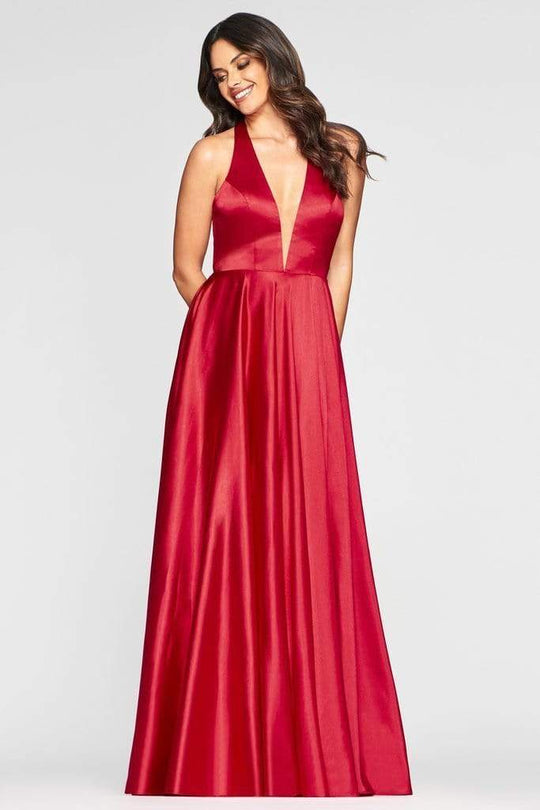 Faviana - Plunging V-Neck Charmeuse A-line Dress S10403 - 1 pc Red In Size 14 Available CCSALE 14 / Red