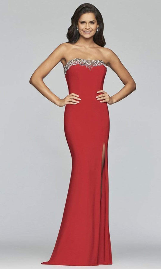 Faviana - S10200 Strapless Beaded Neckline High Slit Evening Dress - 1 pc Red In Size 4 Available CCSALE 4 / Red