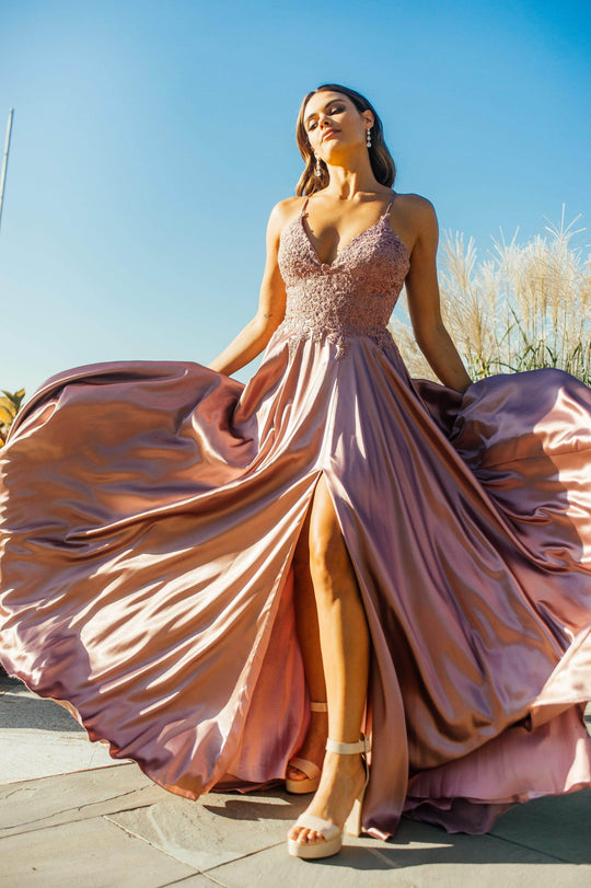 Faviana - S10400 Beaded Lace V Neck Flowy Satin Gown