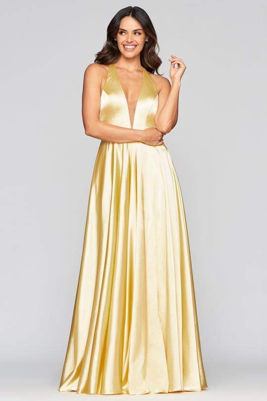 Faviana - S10403 Deep V-neck Charmeuse A-line Gown Prom Dresses 00 / Buttercream