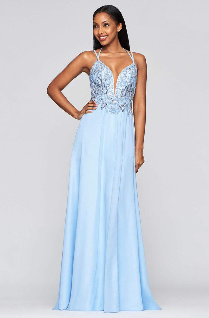 Faviana - S10416 Beaded Deep V-neck Chiffon A-line Dress Prom Dresses 00 / Cloud Blue