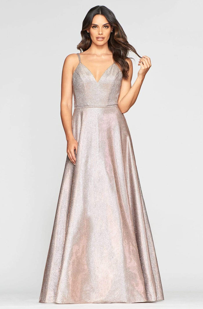 Faviana - S10424 Plunging V-neck Glitter Jersey A-line Gown Prom Dresses 00 / Copper