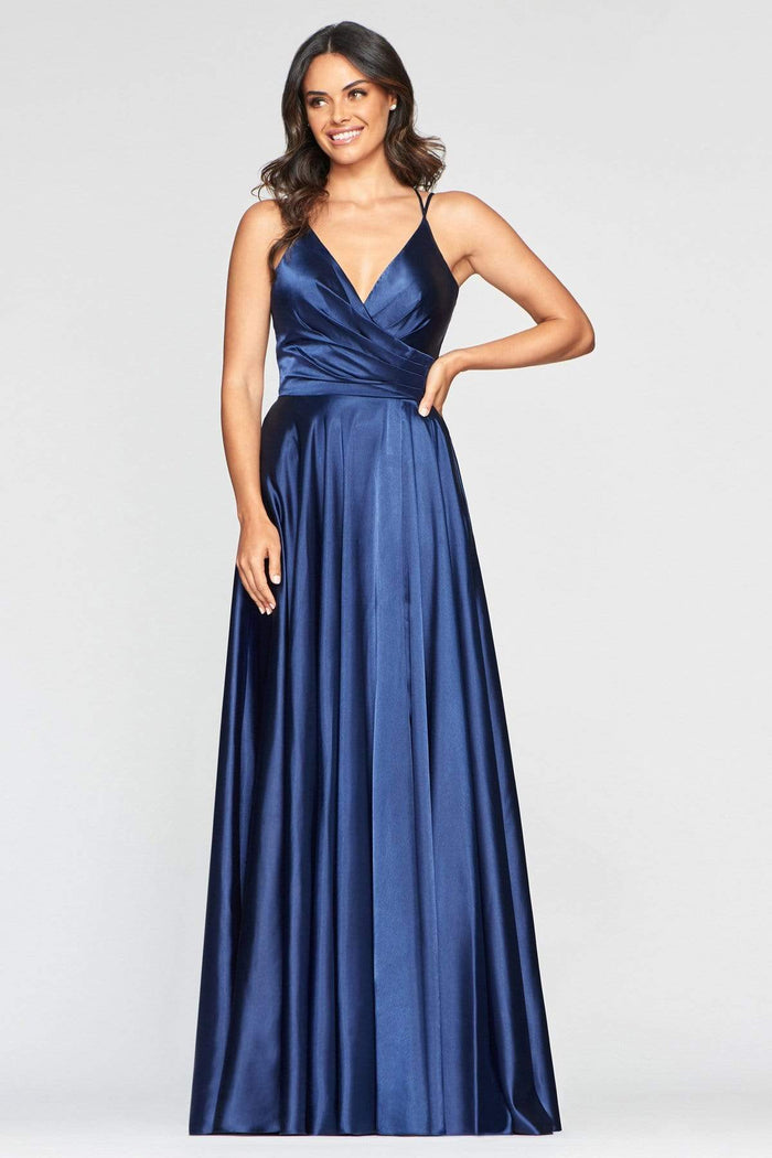 Faviana - S10429 V Neck Pleated Bodice Lace-Up back Satin Gown in Blue