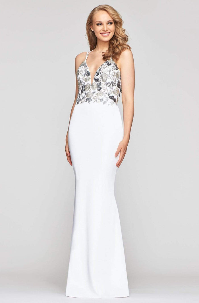 Faviana - S10475 Embroidered Deep V-neck Faille Satin Trumpet Dress Pageant Dresses 00 / Ivory