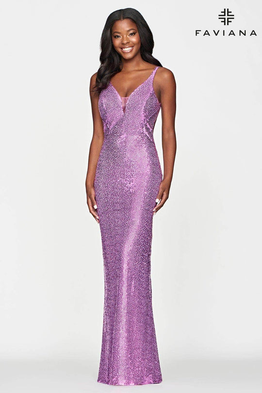 Faviana - S10636 V-Neck Cut-Out Back Sequin Prom Dress