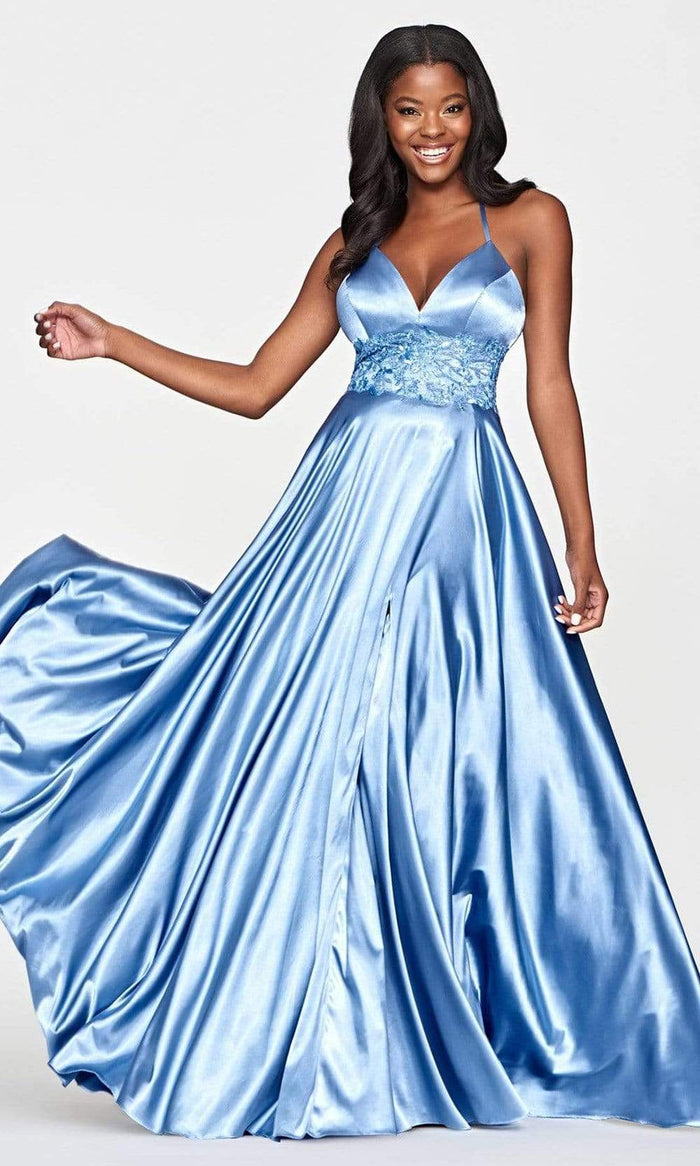 Faviana - S10643 V-Neck Embellished Long Gown Prom Dresses 00 / Steel Blue