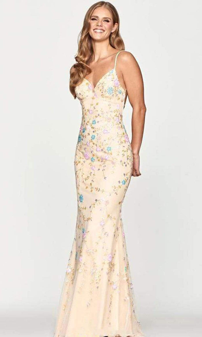 Faviana - S10653 Floral Sequined V Neck Long Gown Prom Dresses 00 / Nude/Multi
