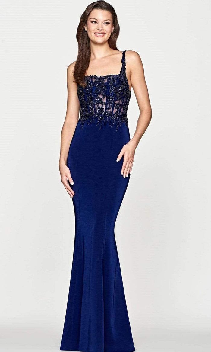 Faviana - S10675 Corseted Square Neck Fit Gown Prom Dresses 00 / Navy
