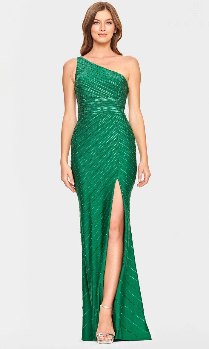 Faviana S10805 - Beaded One Shoulder Evening Gown Evening Dresses 00 / Dark Emerald