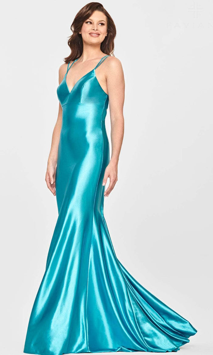 Faviana S10836 - Satin V-Neck Evening Dress Evening Dresses 00 / Aqua