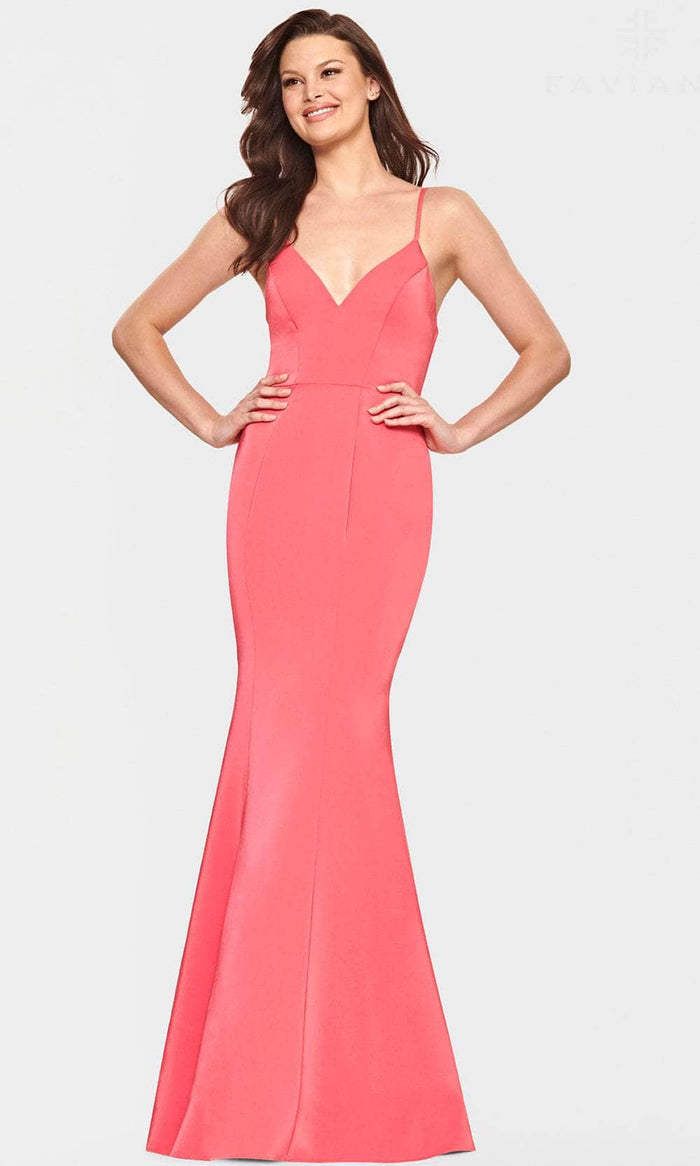 Faviana S10846 - V-Neck Satin Evening Dress Evening Dresses 00 / Coral