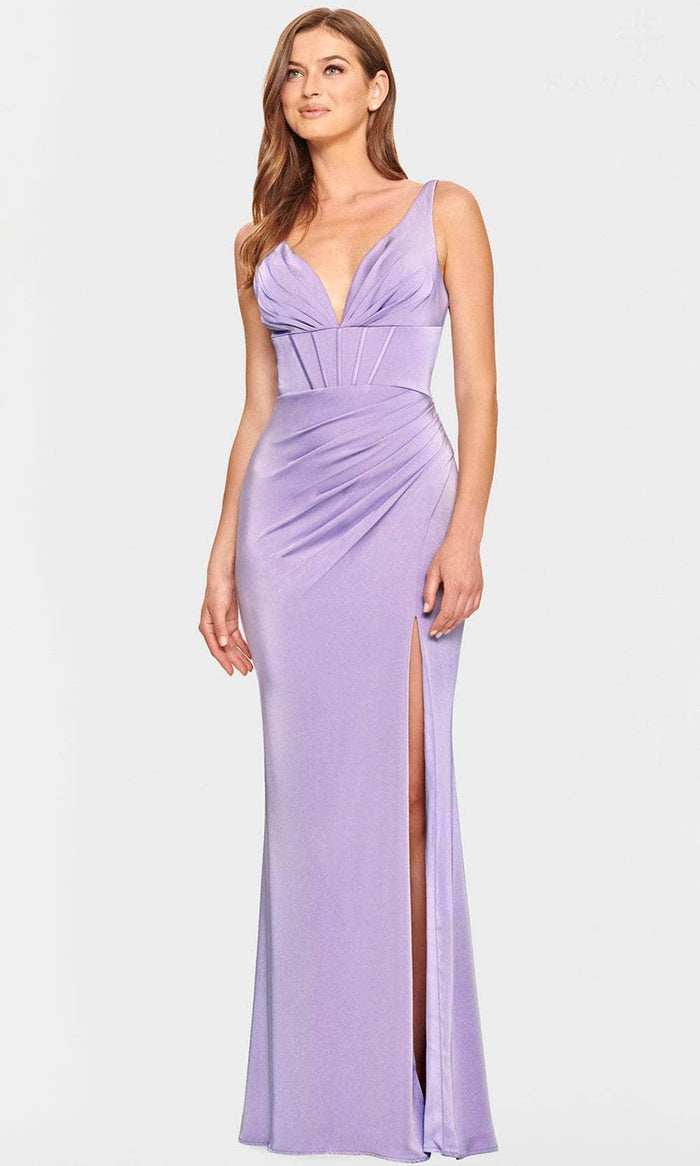 Faviana S10847 - Pleated V-Neck Evening Dress Evening Dresses 00 / Lavender