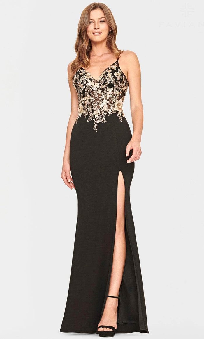 Faviana S10853 - Shimmer Applique Long Evening Dress Evening Dresses 00 / Black/Gold