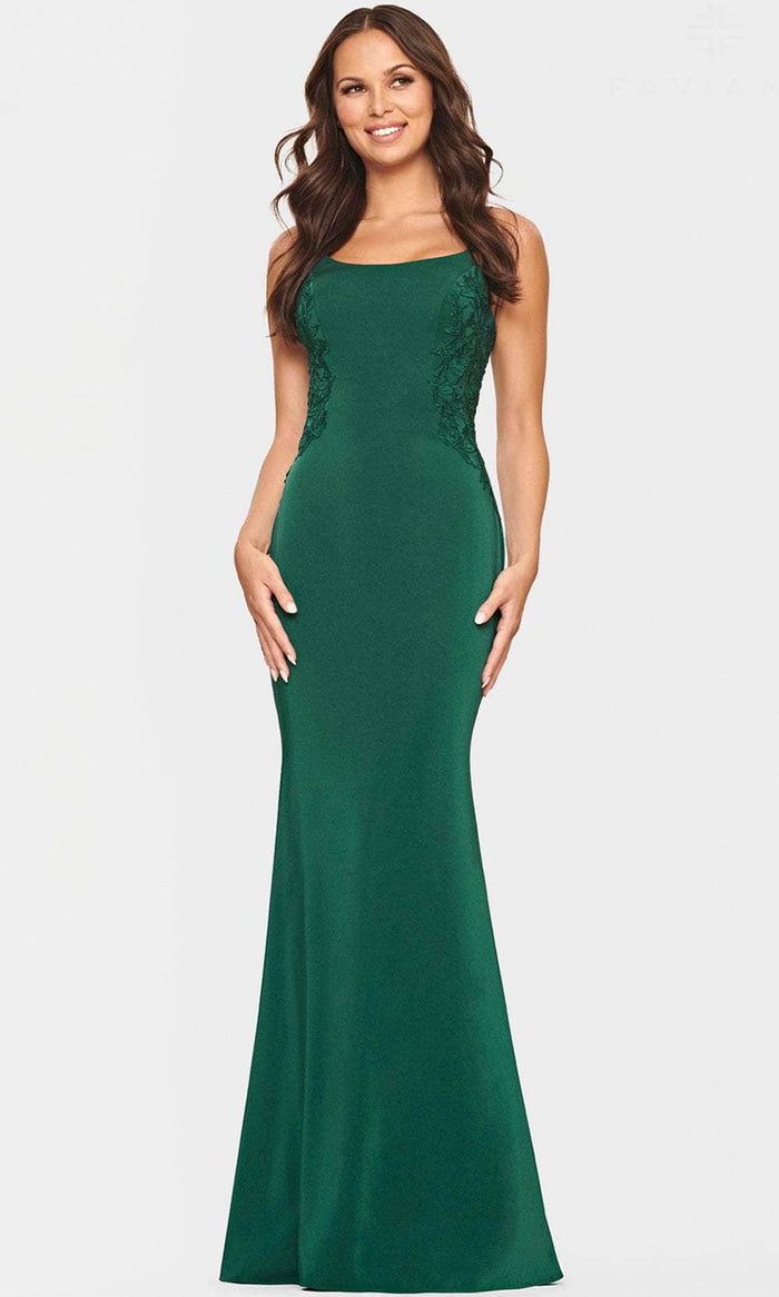 Faviana S10867 - Lace Applique Scoop Neckline Evening Dress Evening Dresses 00 / Forest Green