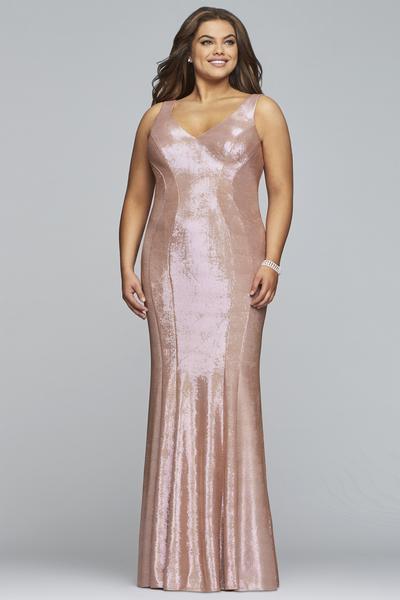 Faviana - Sleeveless Metallic Jersey V-neck Sheath Dress 9453 - 1 pc Platinum In Size 14W Available CCSALE 14W / Platinum