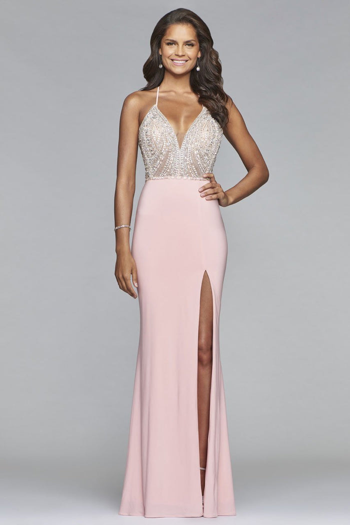 Faviana - Strappy Plunging V-Neckline Jersey Dress s10060 CCSALE 0 / Soft Pink