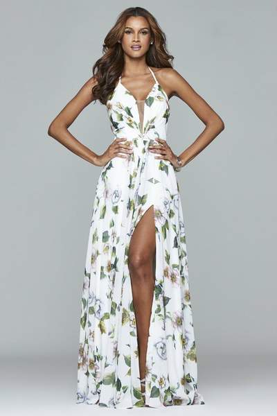 Faviana - V Neck Laced Up Back Evening Dress 7946 - 1 Pc Ivory in Size 12 Available CCSALE 12 / Ivory